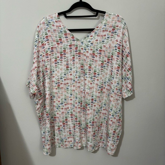 First Love Cream Boxy Short‎ Sleeve Blouse Multicolored Rainbow Stripes Blocks - Picture 4 of 5